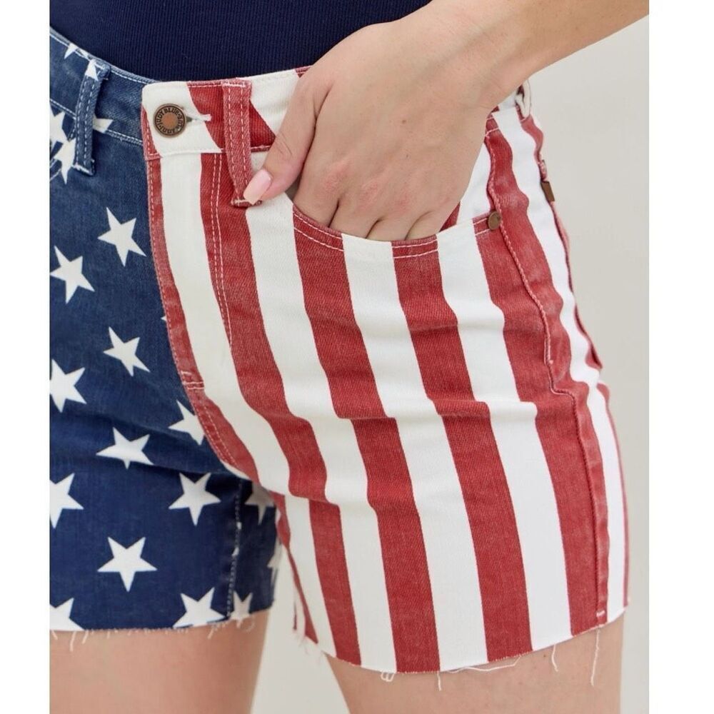 Judy Blue Plus Shorts American Flag High Waist Fray Hem Patriotic Stretch Denim